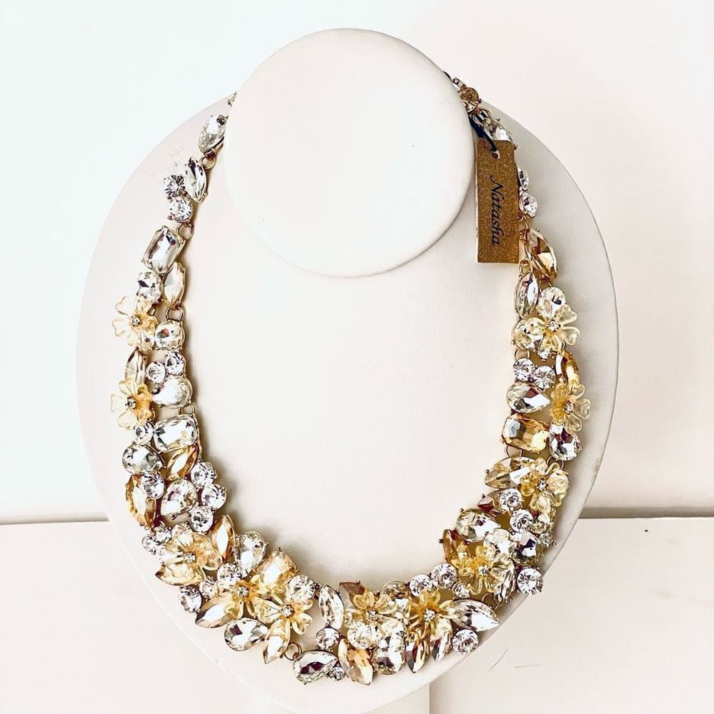 NWT So Gorgeous Natasha Flowers Gold white Crystal Stones Statement Necklace